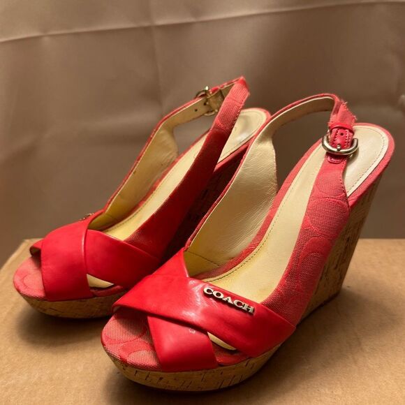 Coach Coral Orange Peep Toe Slingback Wedge Sandals 6.5 Cork Patent leather Logo - Picture 12 of 14
